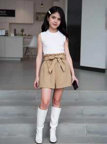 SHEIN Débardeur Col Montant Pour Fille Préadolescente Et Short Taille Haute Court Avec Ceinture