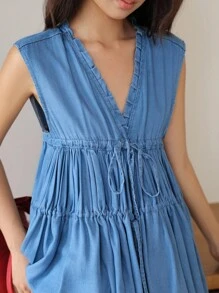 K-Vae 女士夏季度假荷叶边牛仔上衣、褶皱无袖牛仔开衫上衣、宽松牛仔系带蓝色上衣 - 淺藍色 - 查看 5