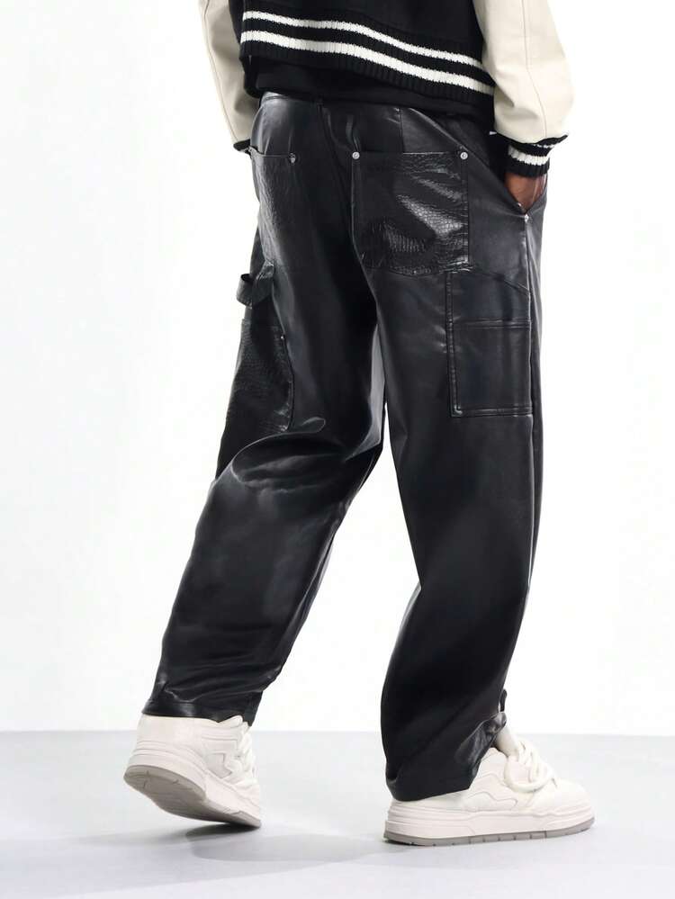 Pantaloni da carpentiere in similpelle a gamba larga con tasche portaoggetti