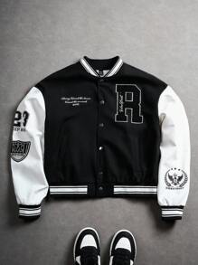 Manfinity Campus Court Casual Fashion Simple Versatile Daily Long Sleeve Men Jackets, Men's Varsity Jacket, Men's Letterman Jacket, Black Varsity Jacket - Multicolor - View 9