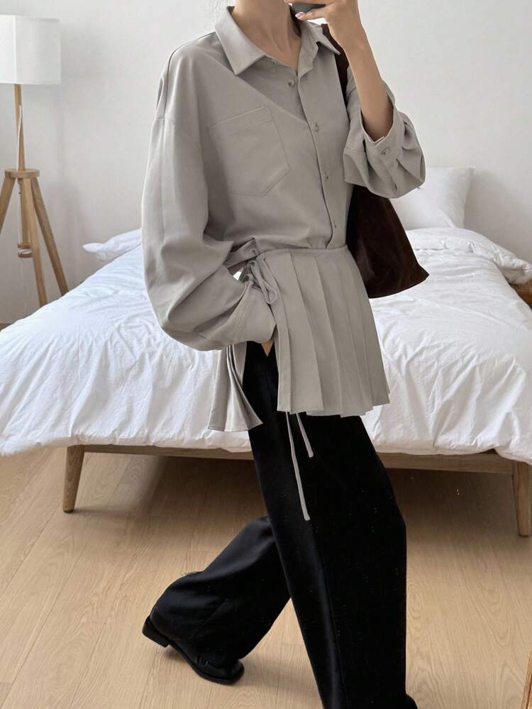 2pcs Women's Autumn Blouse Set With Ruffle Hem Long Sleeve Top