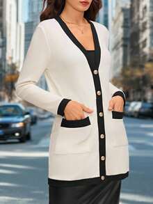 SHEIN Clasi 女士优雅舒适的黑白前扣长款开衫