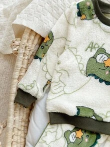 SHEIN 2 件套婴儿男童/女童休闲舒适卡通恐龙印花长袖睡衣套装，秋冬