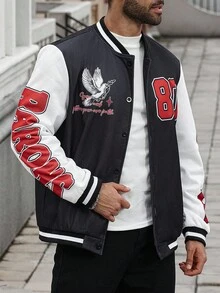 Manfinity LEGND Plus Size Men's Slogan Print Contrast Color Long Sleeve Casual Baseball Jacket Men Graphic Jacket, Fall - Black and White - View 5