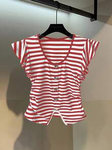 Franclia Elegant U-Neck Short Sleeve Butterfly Hem Slit Waist Striped Knit T-Shirt For Women, Spring/Summer