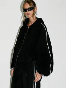 KIZN 反光条纹防风运动夹克拉链连帽衫冬季休闲街头风外套带侧袋柔软毛绒夹克 - 黑色 - 查看 1