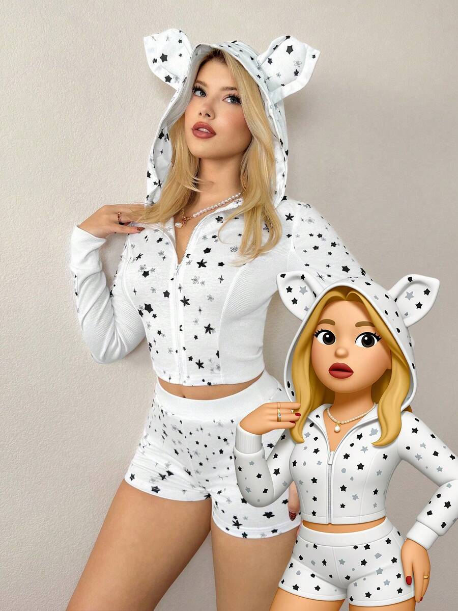 Sweetina 2 件女式印花拉链长袖上衣和修身迷你短裤套装秋季女装