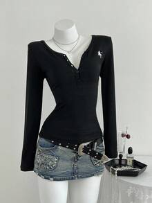 Elamini 1 件女式 V 领刺绣修身短款针织开衫，长袖休闲、日常、学校、百搭 T 恤 - 黑色 - 查看 6