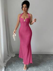 Elenzga Women's Elegant Solid Color Textured Fitted Halter Tie Maxi Fish Tail Dress