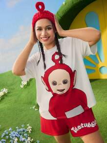 Teletubbies X SHEIN 大码卡通字母印花上衣和短裤睡衣套装 - 白色 - 查看 2