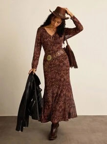 Freevana 大码女式度假腰果花卉印花 V 领长袖鱼尾下摆西式长裙女式秋季服装万圣节女式冬季服装女式连衣裙优雅西式服装女式冬季棕色连衣裙波西米亚风女式服装狂欢冬装女式仙女连衣裙派对办公室外出服装音乐会西式连衣裙节日另类优雅连衣裙焦橙色连衣裙 - 彩色 - 查看 2