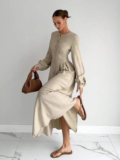 Siren Gaze Women's Solid Color Round Neck Lantern Sleeve Single-Breasted Waist Elegant Long Dress,Women's Linen Waist A-Line Versatile Slimming Trouser Dress,Fall Dresses For Women,Elegant Dresses For Women Winter Party Evening Dress Spring