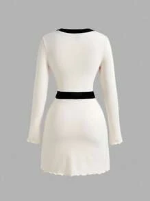 SHEIN MOD Váy ngắn tay ngắn màu tương phản tối giản dành cho nữ khi đi làm - Đen và trắng - Xem 2