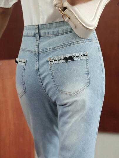 K-Vae Women Light-Colored Vintage Denim Blue Flared Pants, Fall Women Jeans,Bowknot Lace Decoration,Teacher Outfits For Women,School Clothes,Old Money Style