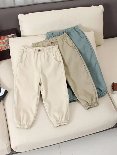 Souflis Souflis 3pcs/Set Toddler Baby Boys Casual Elastic Waist Pocket Pants, Button Decor, All-Match Style, Suitable For Daily Wear, School, Travel, Sports, All Seasons Unisex S Pants For Baby Pants For Baby Boy Baby Boy Clothes Pants Unisex Baby Pants Chic Outfits For Autumn/Winter