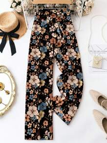 SHEIN LUNE Plus Size Women Vintage Floral Print Waist Tie Long Pants, Suitable For Spring And Summer Suitable For Going Out