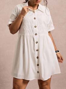 SHEIN VCAY Plus Size Casual Solid Color Floral Embroidery Patchwork Front Button Dress Plus Size White Dress White Button Up Dress Autumn Clothes - White - View 6