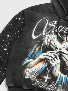ROMWE MEN Goth Men's Letter & Cross Print Rhinestone Decor Drawstring Hoodie Sweatshirt , Fall