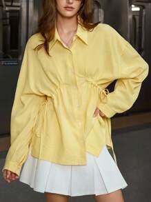 GENKIRA Cream Yellow Gathered Waist Loose Long Sleeve Button-Up Shirt For Women - Yellow - View 4