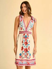 CAJUNI Women's Floral Print Tie-Up Casual Vacation Mini Dress - Multicolor - View 8