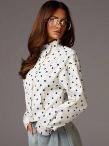 Athîral 女士休闲、度假及日常穿着薄夹克波尔卡圆点衬衫短款上衣学院风上衣70年代秋冬上衣 - 白色 - 查看 5