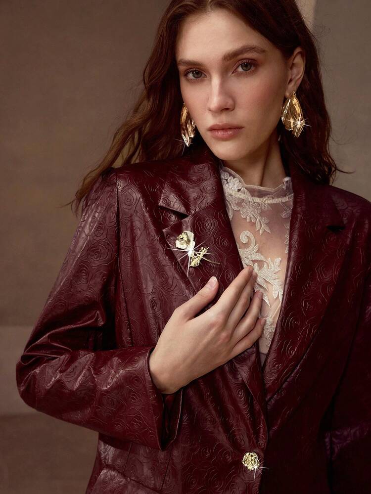 GOLD ROSE BROOCH PU LEATHER BLAZER