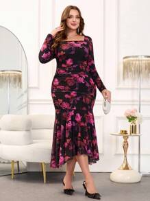 Gownix Plus Size Women's Black Floral Print Elastic Mesh Midi Bodycon Dress,Elegant Autumn Formal Evening Wedding Dresses,Date Night Outfit Festival Clothes - Multicolor - View 11