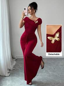 Modelyn Oblique Shoulder Metal Buckle Decor Pleated Fitted Elegant Dress For Women - Burgundy - View 4