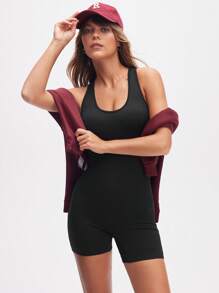 Eassivo Women's Black Colour Seamless Workout Jumpsuit, Workout Bodysuit, V Back Workout Jumpsuit, Seamless Sports Bodysuit