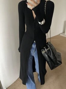 DAZY Women's V-Neck Ribbed Texture Fabric Long Sleeve Cardigan, Extra Long Casual Elegant Thin Outerwear Women Jacket,Fall Women Clothes