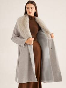 Aveloria Fur Collar Decor Luxurious Belted Long Coat, Fashionable European & American Style For Women - Light Grey - View 7