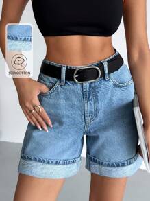 EURMUSE Mid Waist Snow Wash Folded Hem Denim Short Women S Clothes Woman S Summer Clothes Women Summer Sets - Light Wash - View 1