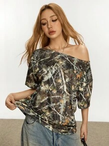 INAWLY 1 Áo thun nữ hở vai in họa tiết toàn thân, áo thun họa tiết thiết kế tối giản dành cho nữ - Nhiều màu - Xem 6