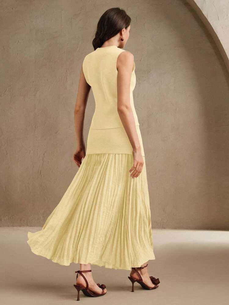 Women's Solid Color Single-Breasted Knitted Vest And Pleated Knitted Skirt Casual Suit, Suitable For Daily Office Wear