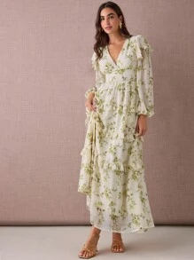 Enchnt 秋冬浪漫女士杏色花卉印花V领长袖荷叶边长裙