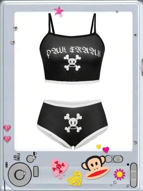 Paul Frank X ROMWE Lace Patchwork Skull Print Women's Camisole Bralette & Panty Set