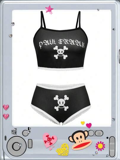 Paul Frank X ROMWE Conjunto de camiseta y pantaleta con estampado de calavera y aplicaciones de encaje para mujer