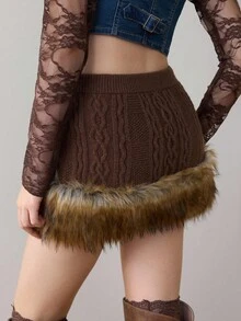 ROMWE J-Fashion Minifalda de suéter con parches de punto trenzado, borde esponjoso y versátil estilo Y2K