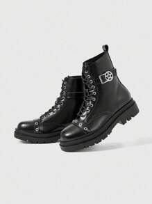 Grunge Punk 女式哥特式圆头粗跟靴，金属孔眼扣设计，PU 皮革，黑色，适合派对、日常穿着、休闲时尚、万圣节 - 黑色 - 查看 5