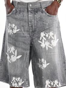 PLAYBOY X SUMWON Pantalones cortos de mezclilla holgados y anchos con estampado de conejo, de corte medio, de estilo suelto, estilo patinador, estilo urbano, moda de verano - Azul - Ver 6