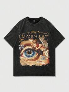 ROMWE MEN Street Life 男士深色哥特式 T 恤，独特眼睛图案，搭配前卫哥特式字体印花，万圣节，2000 年代风格 - 黑色 - 查看 1