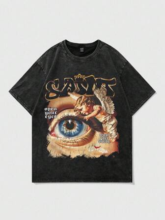 Grunge Punk Maglietta da uomo in stile gotico scuro, con motivo unico a forma di occhio, abbinata a una stampa in carattere gotico d'avanguardia, adatta per Ognissanti, stile anni 2000