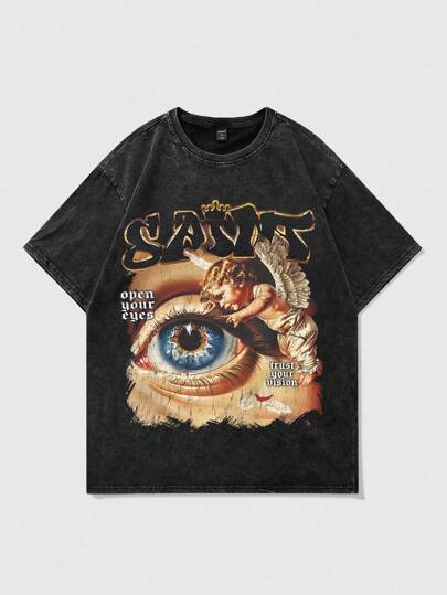 Grunge Punk قميص تي شيرت رجالي بطراز جوتيك داكن، بنمط عين فريد، مقترن بطباعة خط جوتيك أفانغارد، هالوين، طراز 2000