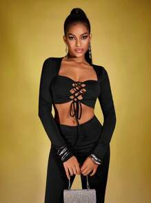 INAWLY 2pcs Women's Solid Color Tie-Front Sweetheart Neck Long Sleeve Crop Top And Leggings Set, Spring/Summer Fall Cloth For Women - Black - View 5
