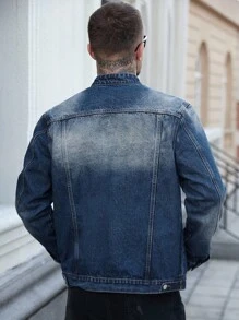 Manfinity LEGND 男士长袖休闲做旧口袋牛仔夹克，街头风，适合送给老公或男友，秋季款 - 中等水洗藍 - 查看 2