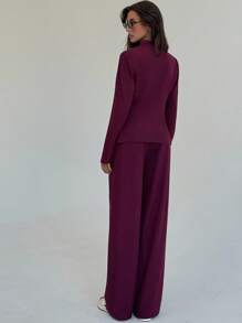 Aloruh Women's Solid Color Long Sleeve Single-Breasted Jacket And Pants Casual Suit Set In Fall/Winter - Burgundy - View 2