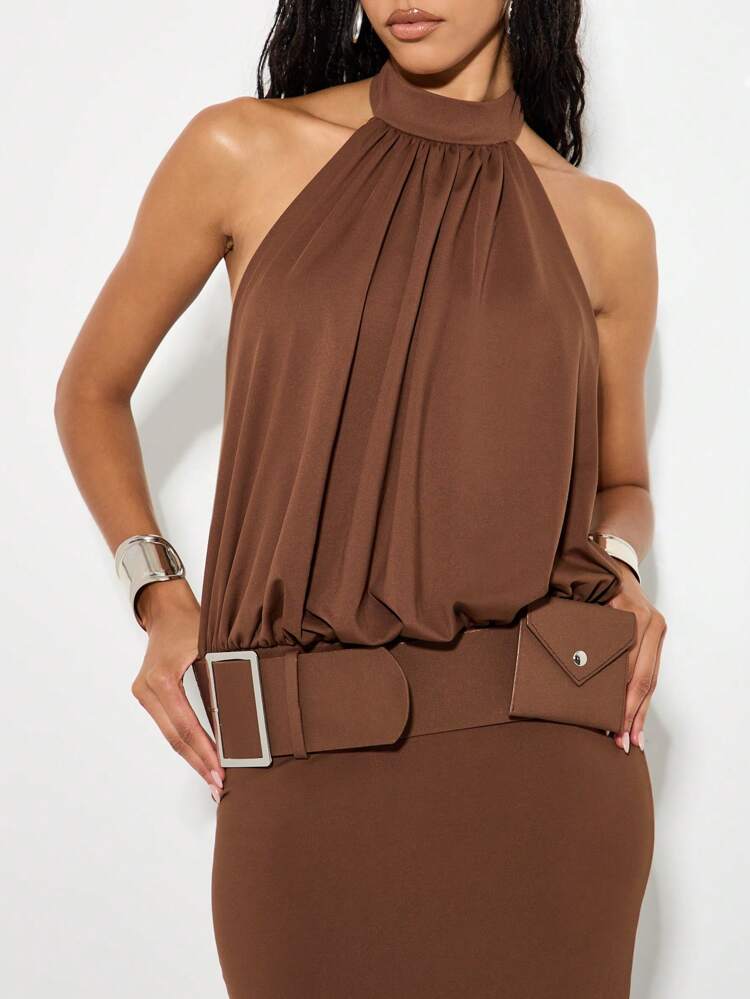 KIZN Halter Neck Maxi Dress With Belted Draped Bodice