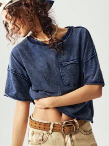 Bohemela 休闲纯色针织圆领落肩短袖宽松短款女式 T 恤