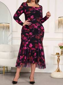 Gownix Plus Size Women's Black Floral Print Elastic Mesh Midi Bodycon Dress,Elegant Autumn Formal Evening Wedding Dresses,Date Night Outfit Festival Clothes - Multicolor - View 6