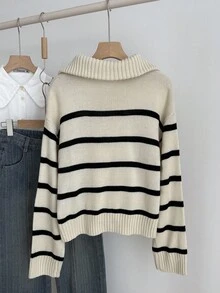 SHEIN 少女黑白条纹休闲学院风海军蓝领套头长袖毛衣上衣，适合秋冬季节，干净女孩，返校季 - 黑與白 - 查看 2